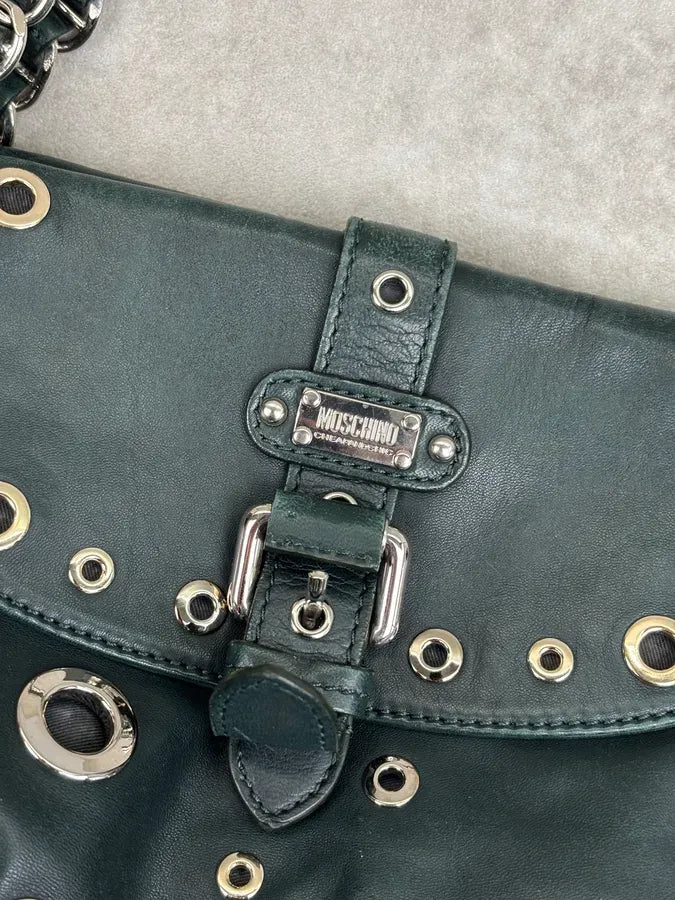 2000s Moschino Dark Green Leather Eyelet Handle Bag HLfShLs 5