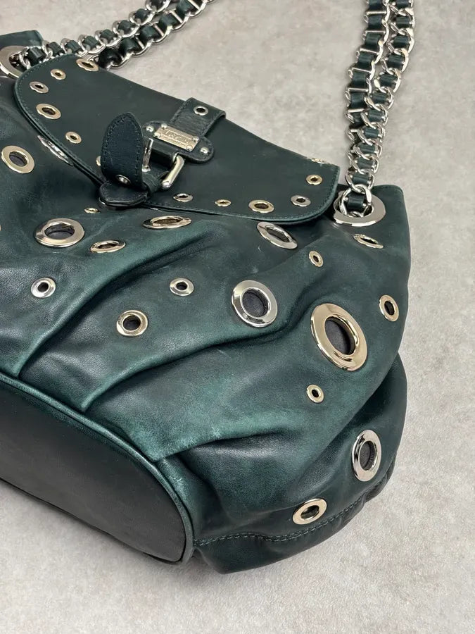 2000s Moschino Dark Green Leather Eyelet Handle Bag HLfShLs 6