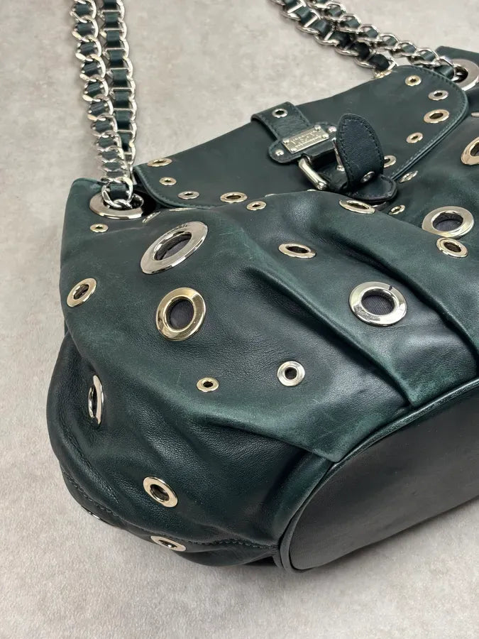 2000s Moschino Dark Green Leather Eyelet Handle Bag HLfShLs 7
