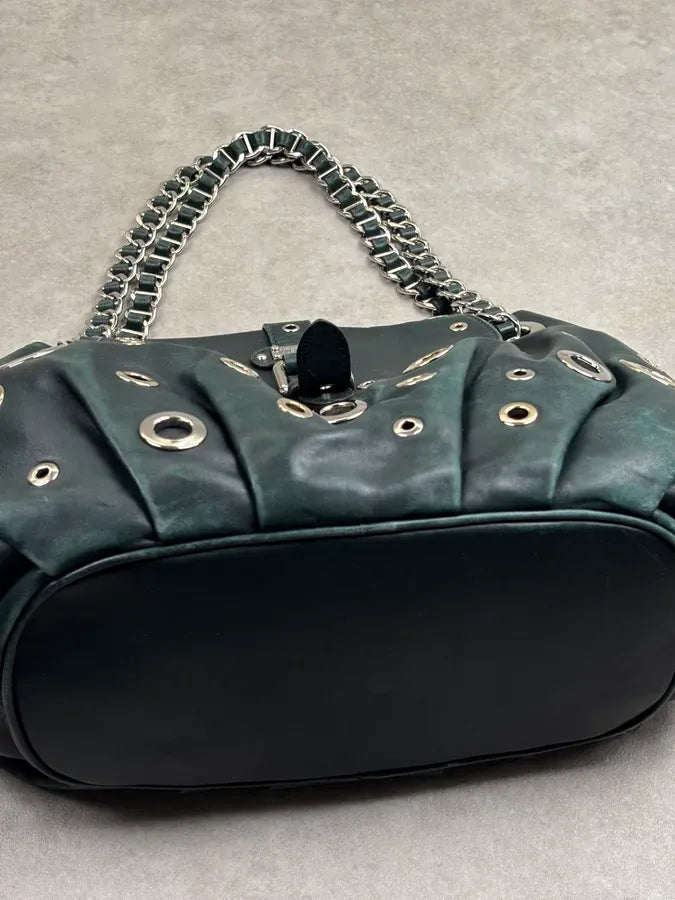 2000s Moschino Dark Green Leather Eyelet Handle Bag HLfShLs 8