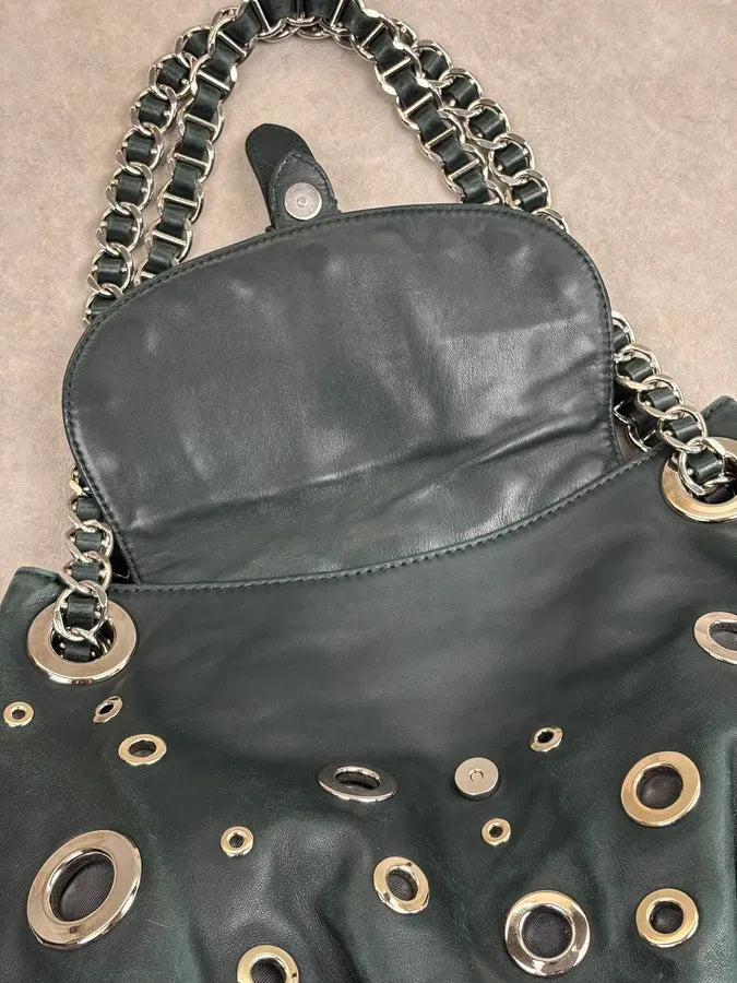 2000s Moschino Dark Green Leather Eyelet Handle Bag HLfShLs 9