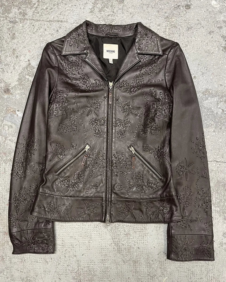 2000s Moschino Embossed Flower Ornament Leather Jacket bnuWtrQ 0