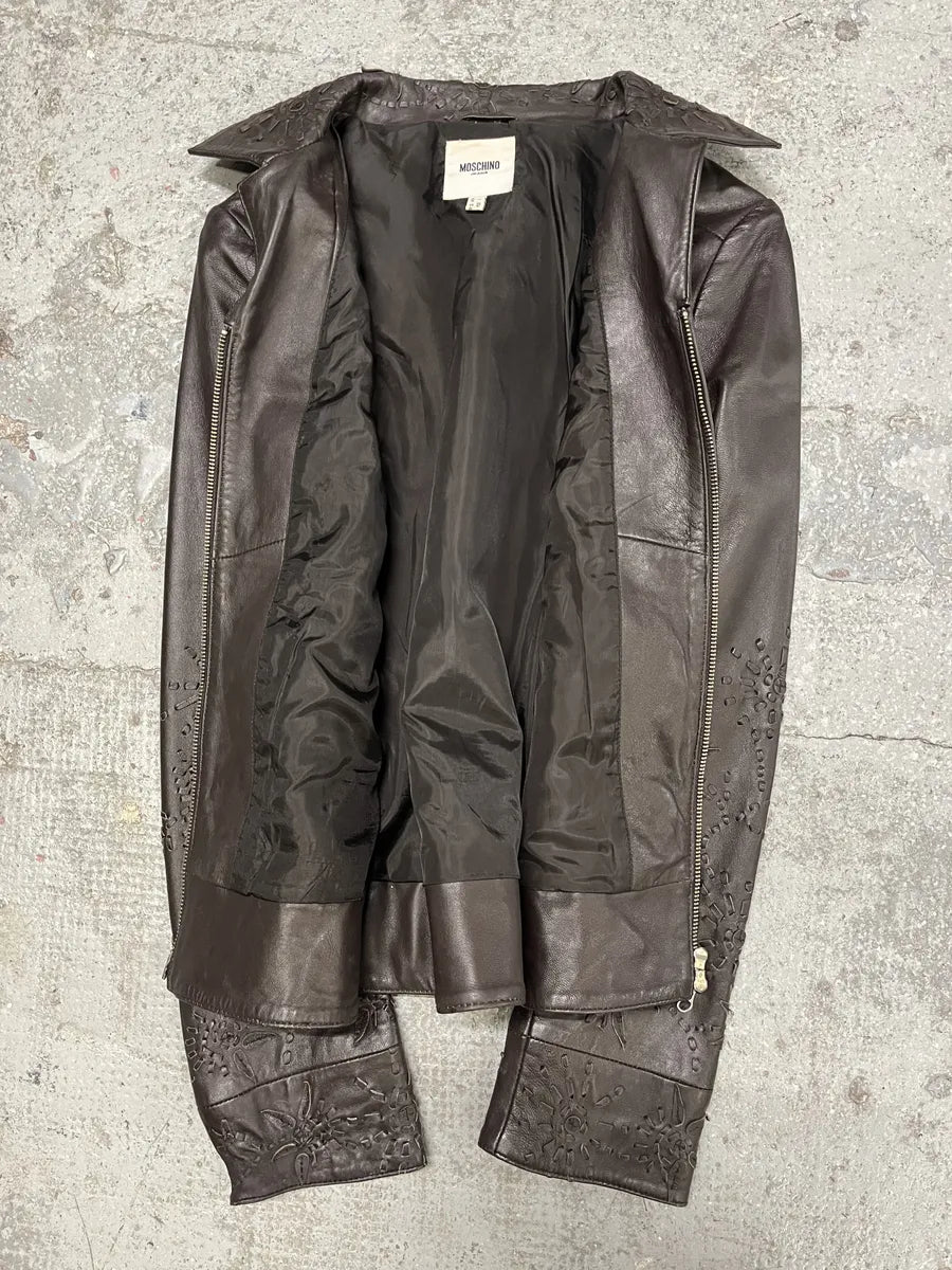 2000s Moschino Embossed Flower Ornament Leather Jacket bnuWtrQ 3