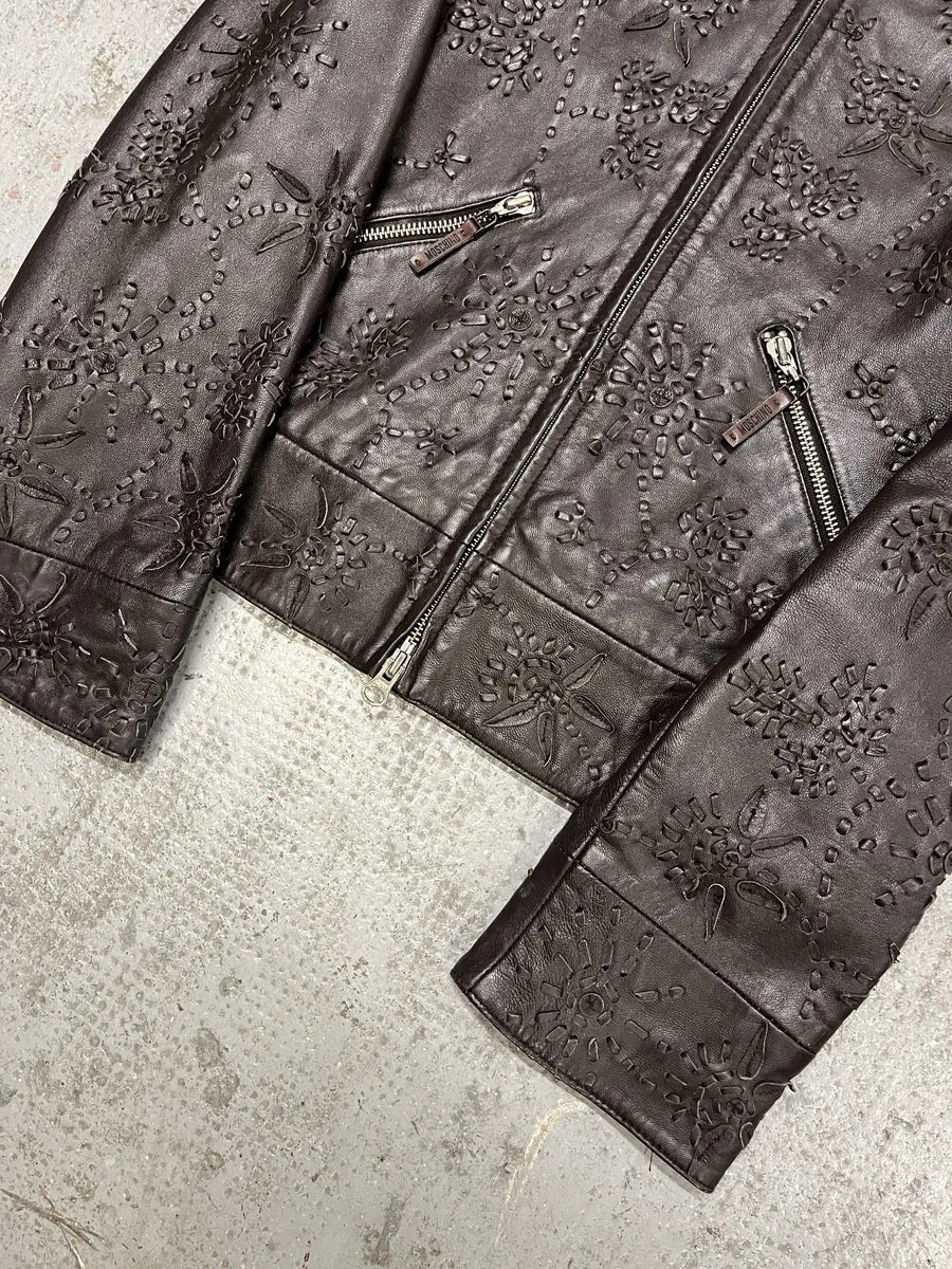 2000s Moschino Embossed Flower Ornament Leather Jacket bnuWtrQ 4