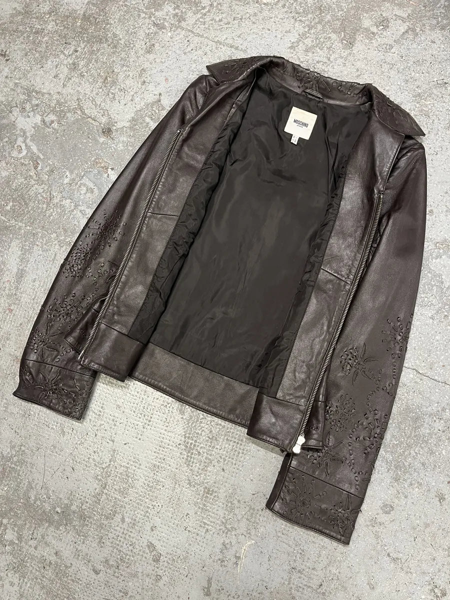 2000s Moschino Embossed Flower Ornament Leather Jacket bnuWtrQ 6