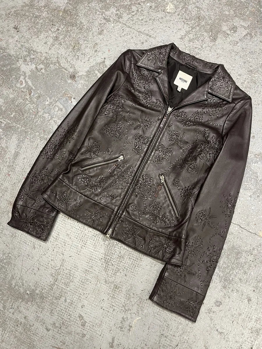 2000s Moschino Embossed Flower Ornament Leather Jacket bnuWtrQ 7