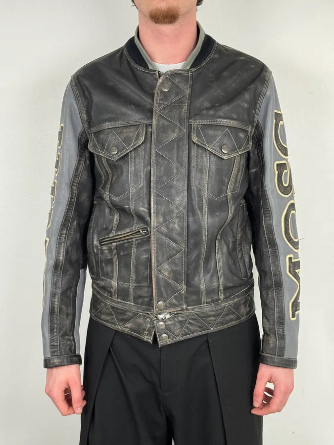 AW2020 Moschino Faded Leather Trucker Bomber Grey Jacket AYEsajJ 1