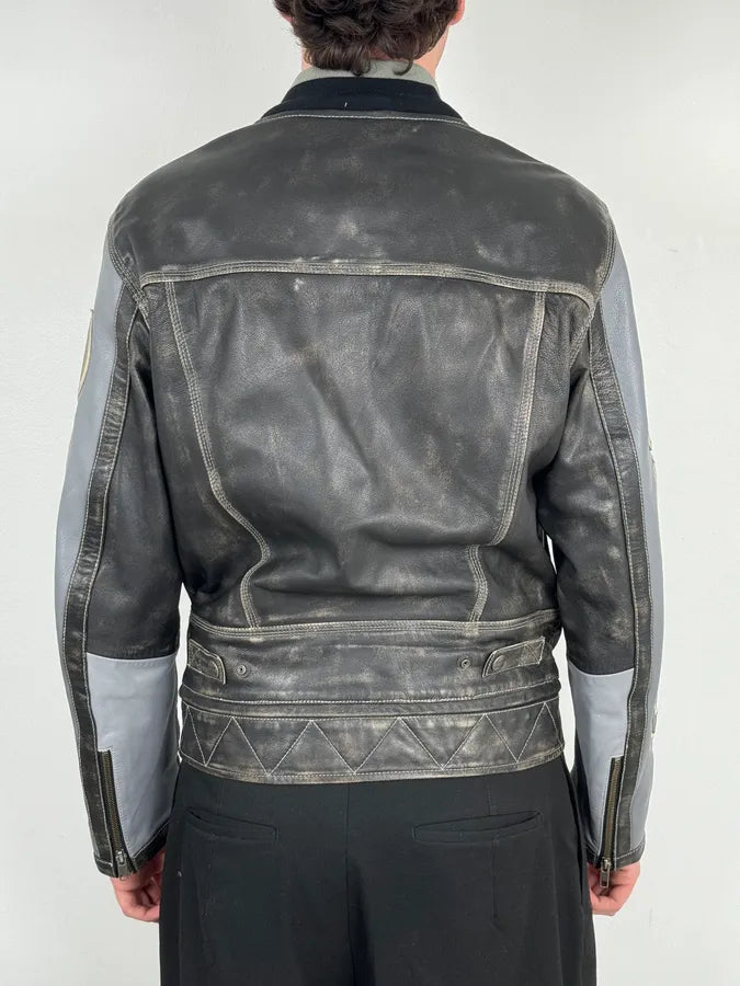 AW2020 Moschino Faded Leather Trucker Bomber Grey Jacket AYEsajJ 3
