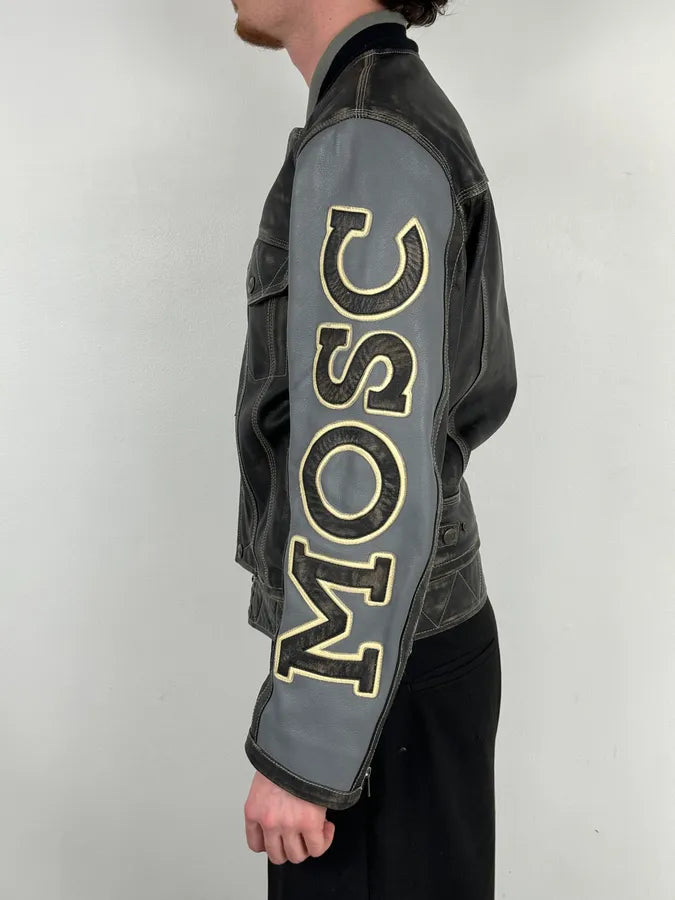 AW2020 Moschino Faded Leather Trucker Bomber Grey Jacket AYEsajJ 2