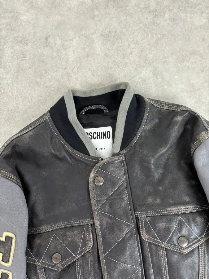 AW2020 Moschino Faded Leather Trucker Bomber Grey Jacket AYEsajJ 4