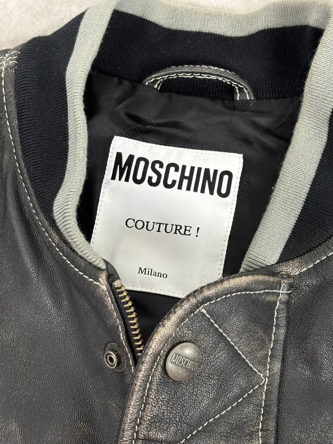 AW2020 Moschino Faded Leather Trucker Bomber Grey Jacket AYEsajJ 9