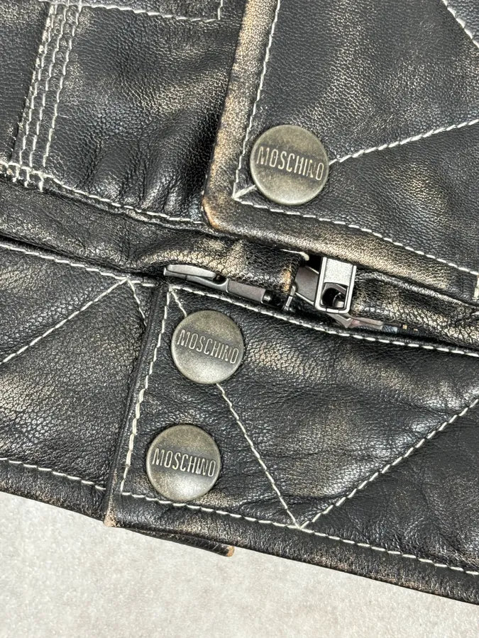 AW2020 Moschino Faded Leather Trucker Bomber Grey Jacket AYEsajJ 10