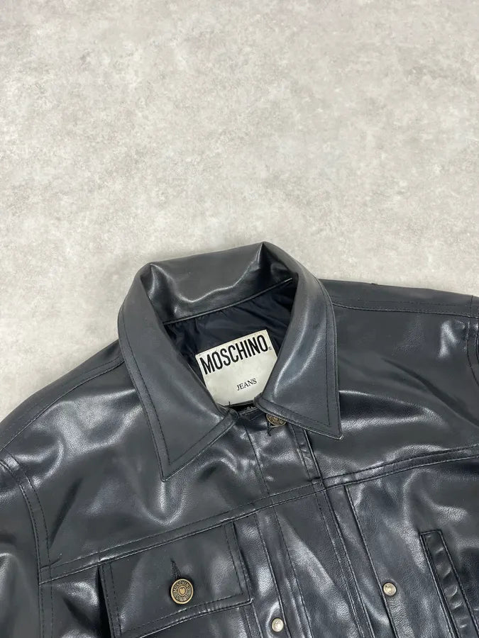 2000s Moschino Faux Leather Cropped Black Studded Heart Jacket rSOoniy 4