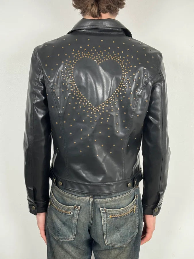 2000s Moschino Faux Leather Cropped Black Studded Heart Jacket rSOoniy 2
