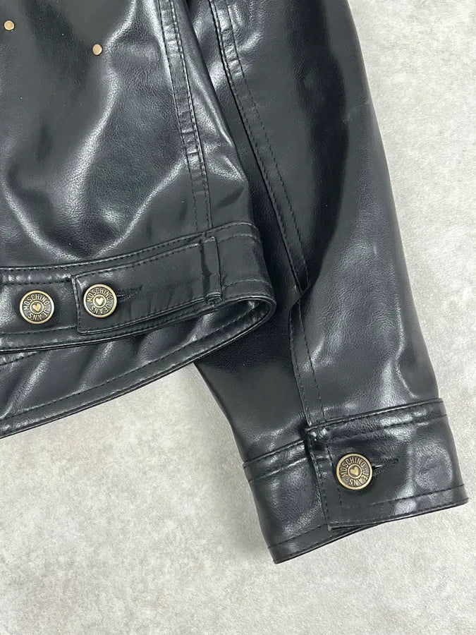 2000s Moschino Faux Leather Cropped Black Studded Heart Jacket rSOoniy 9