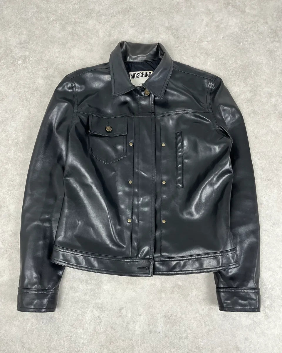 2000s Moschino Faux Leather Cropped Black Studded Heart Jacket rSOoniy 0