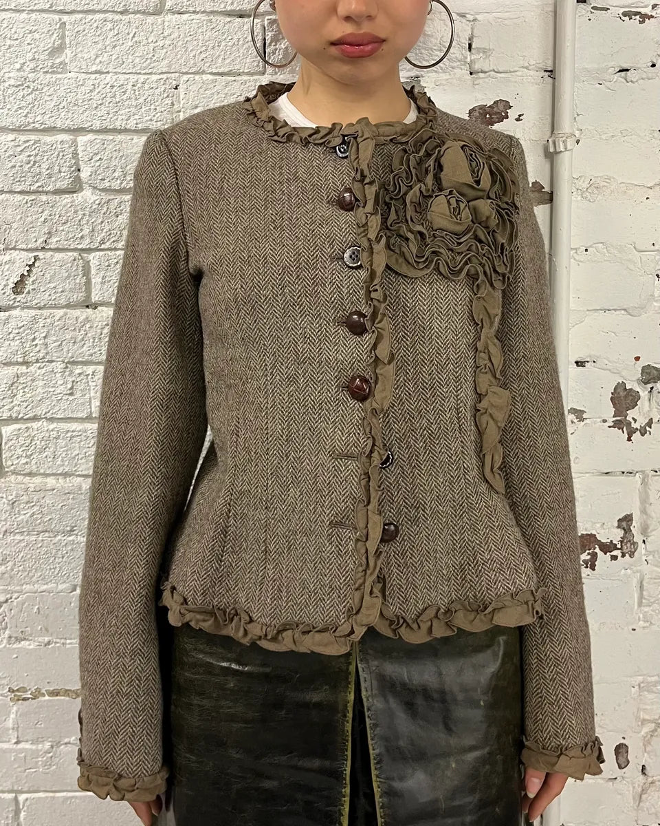 2000s Moschino Flower Wool Ruffled Beige Jacket GjhrmbL 0