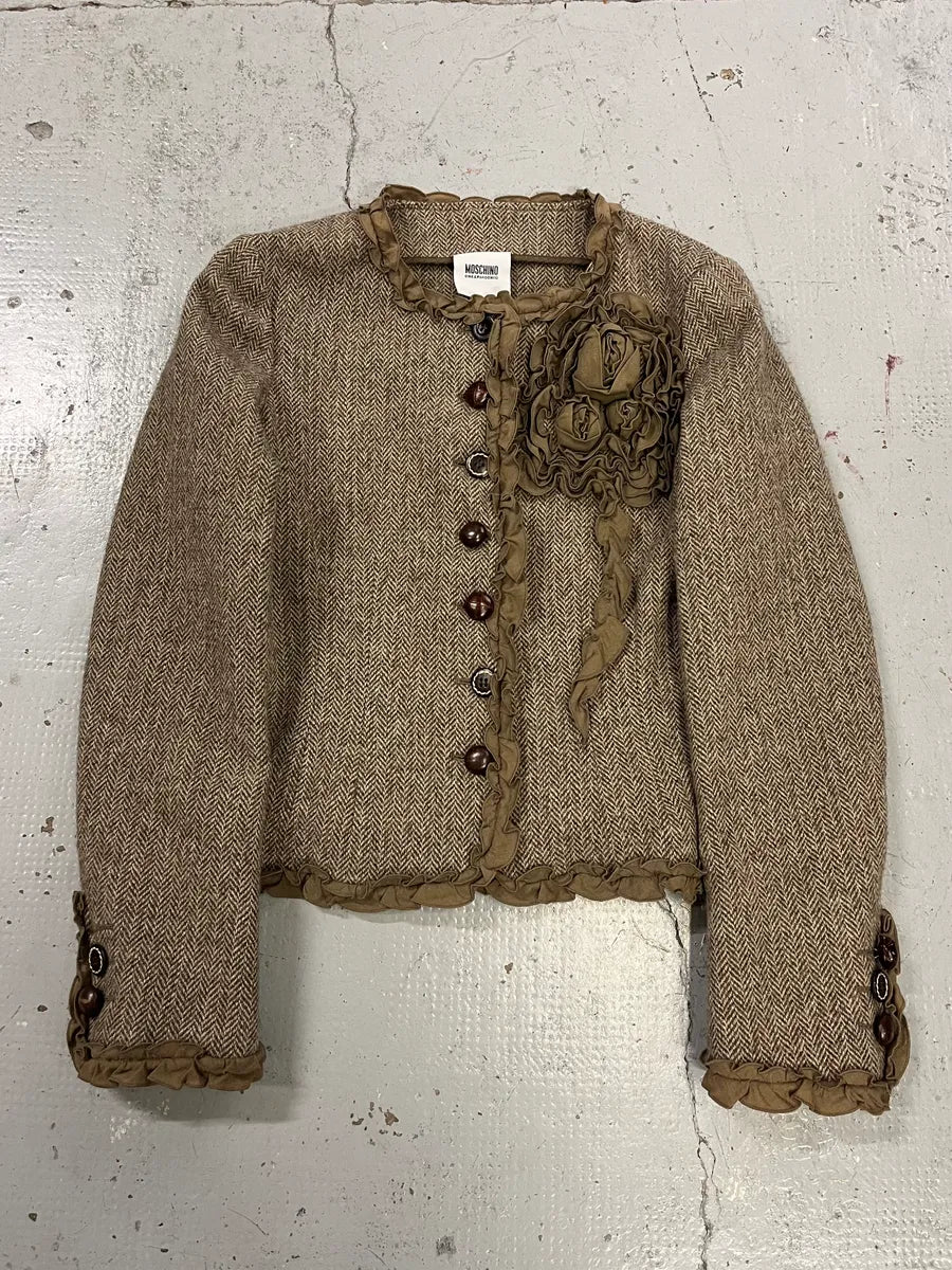 2000s Moschino Flower Wool Ruffled Beige Jacket GjhrmbL 2