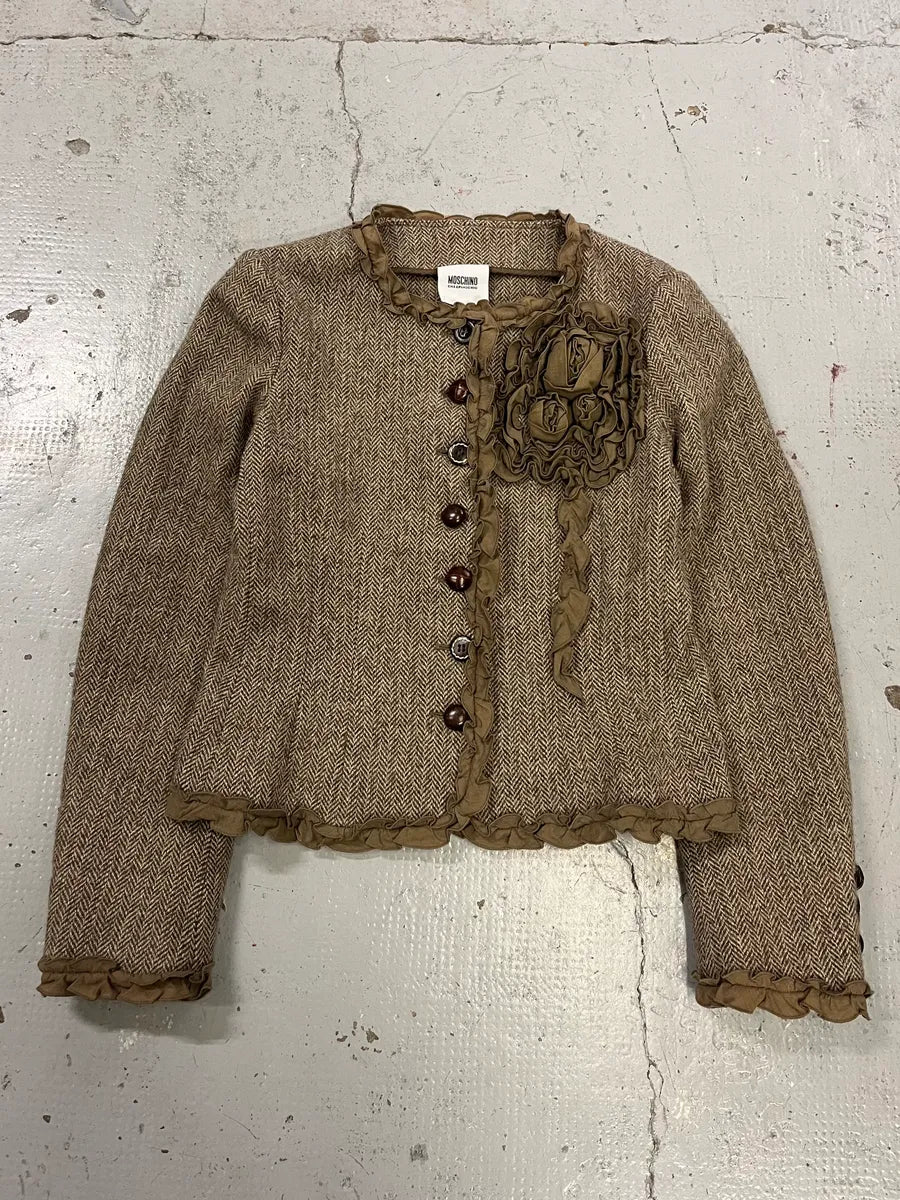 2000s Moschino Flower Wool Ruffled Beige Jacket GjhrmbL 4