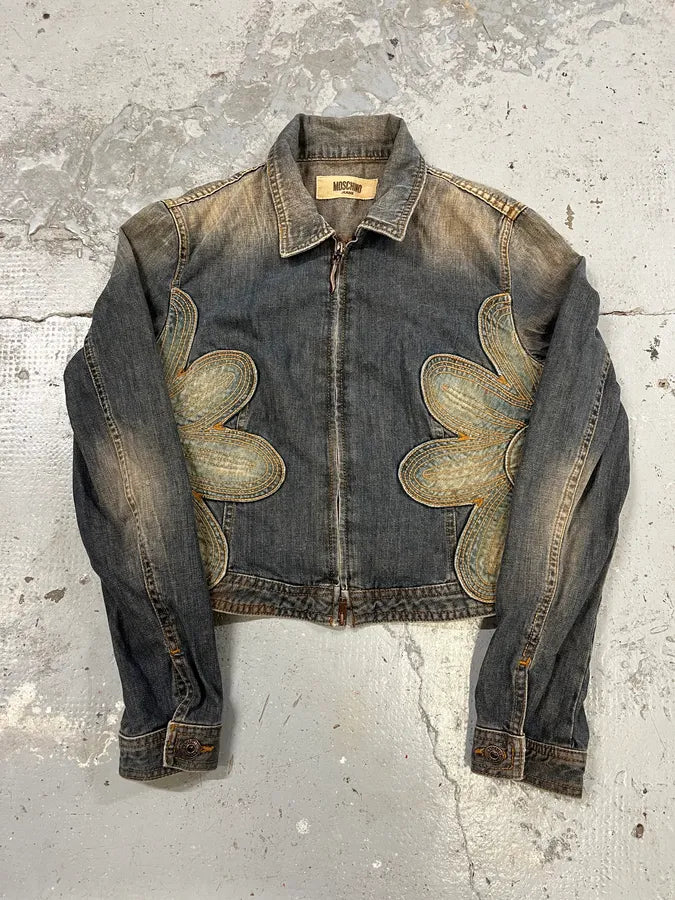 2000s Moschino Flowers Patches Faded Denim Jacket (S) UpDsONh 0
