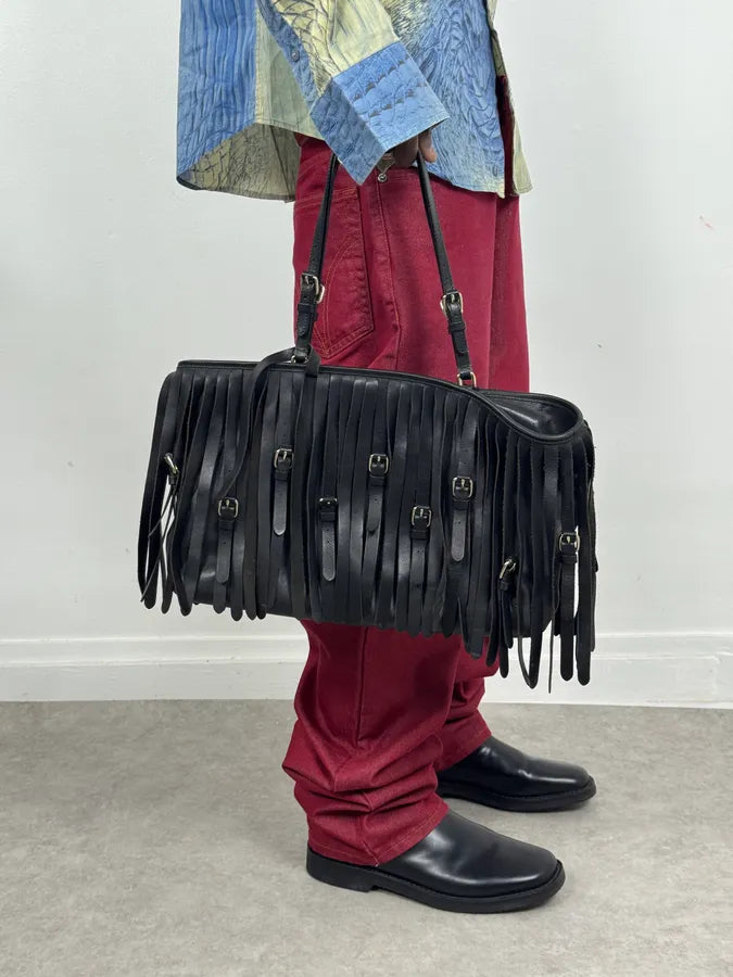 2000s Moschino Fringe Belt Black Leather Handle Bag pdUJloI 0