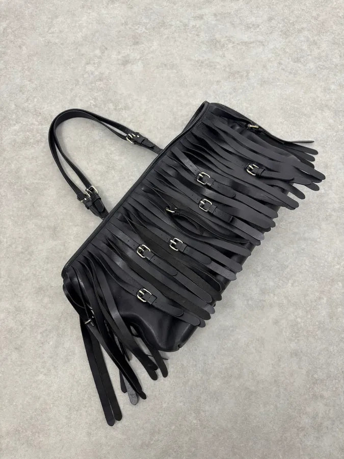 2000s Moschino Fringe Belt Black Leather Handle Bag pdUJloI 1