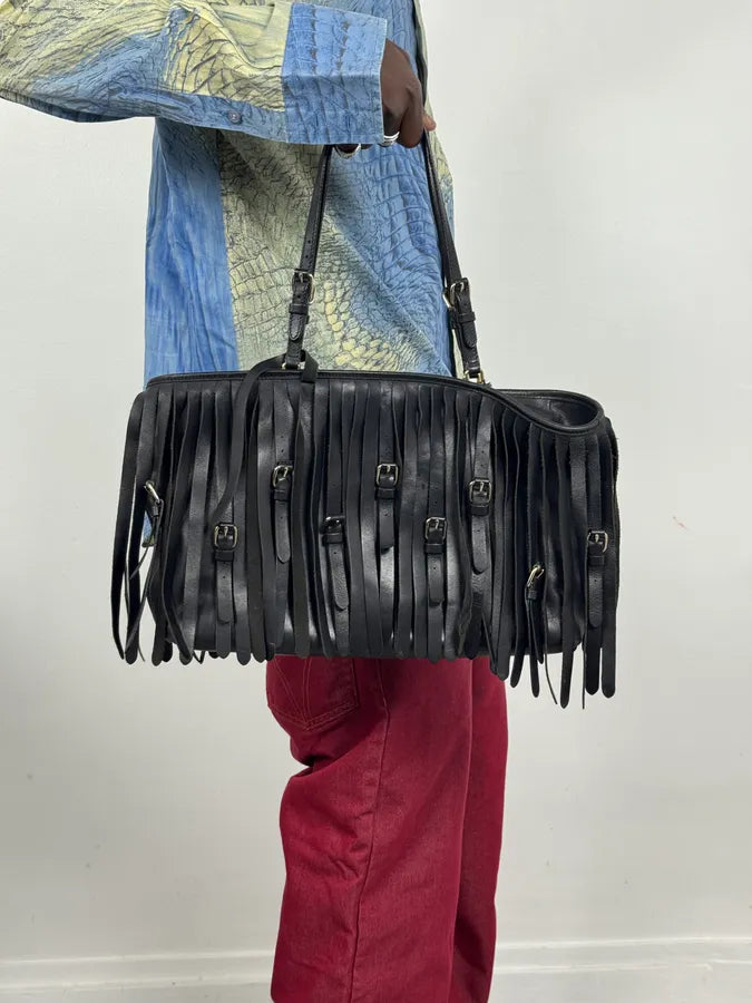 2000s Moschino Fringe Belt Black Leather Handle Bag pdUJloI 2