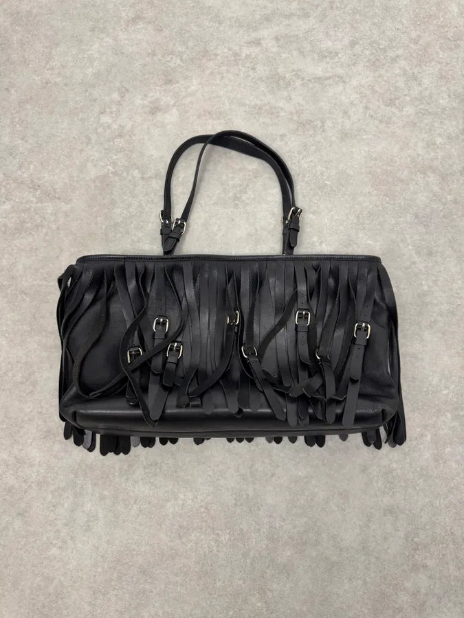 2000s Moschino Fringe Belt Black Leather Handle Bag pdUJloI 3