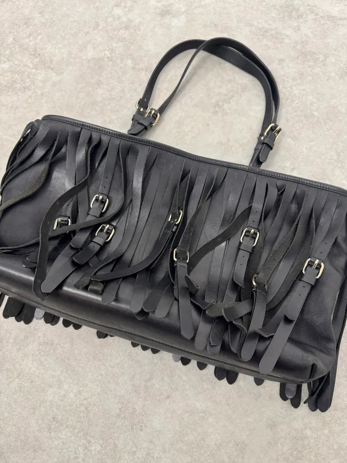2000s Moschino Fringe Belt Black Leather Handle Bag pdUJloI 4