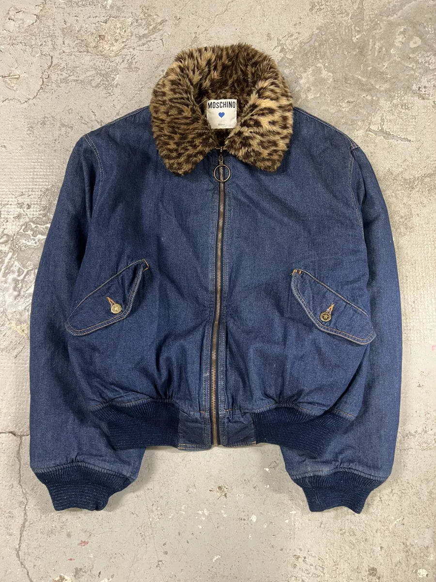 2000s Moschino Fur Leopard Print Denim Bomber Jacket (S) 0