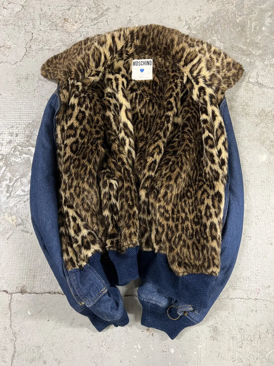 2000s Moschino Fur Leopard Print Denim Bomber Jacket (S) 2