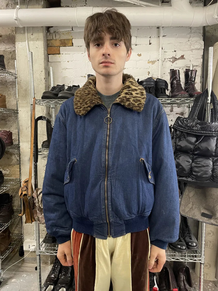 2000s Moschino Fur Leopard Print Denim Bomber Jacket (S) 1