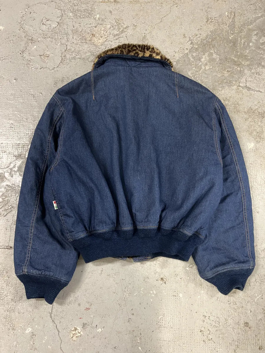 2000s Moschino Fur Leopard Print Denim Bomber Jacket (S) 6