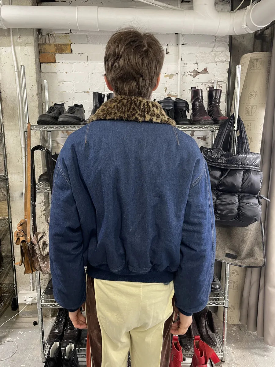 2000s Moschino Fur Leopard Print Denim Bomber Jacket (S) 3