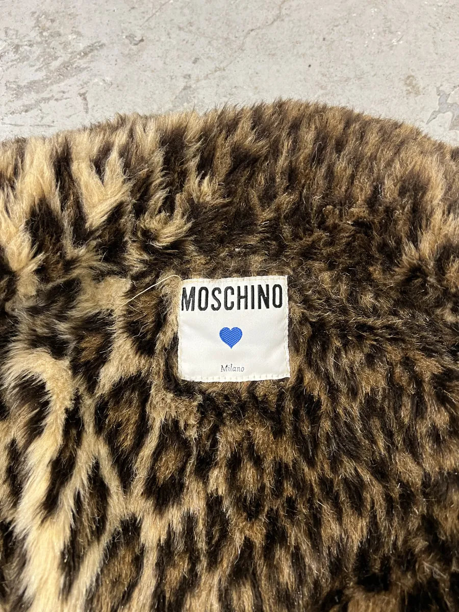 2000s Moschino Fur Leopard Print Denim Bomber Jacket (S) 4