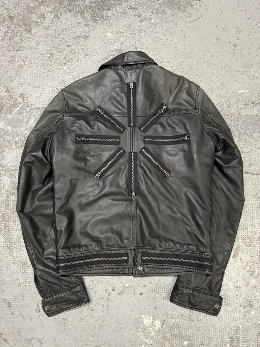 2000s Moschino Multi Zips Circle Black Leather Jacket qDuGfJi 0