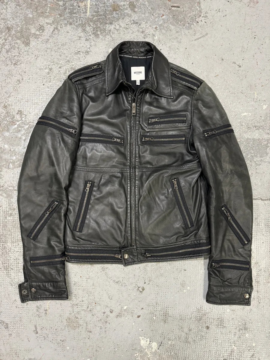 2000s Moschino Multi Zips Circle Black Leather Jacket qDuGfJi 3