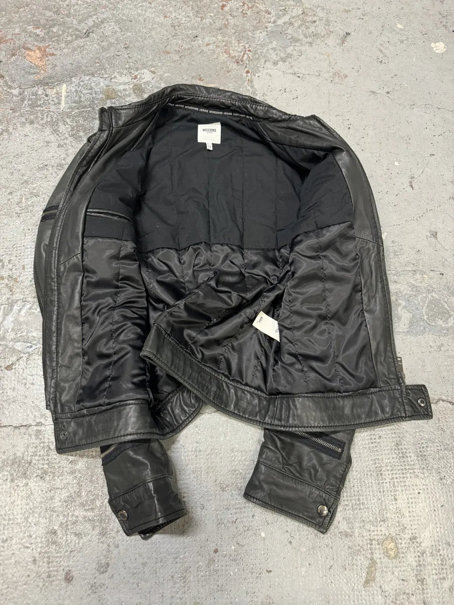 2000s Moschino Multi Zips Circle Black Leather Jacket qDuGfJi 4