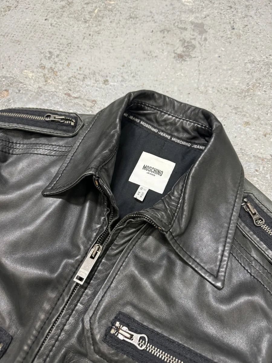 2000s Moschino Multi Zips Circle Black Leather Jacket qDuGfJi 6
