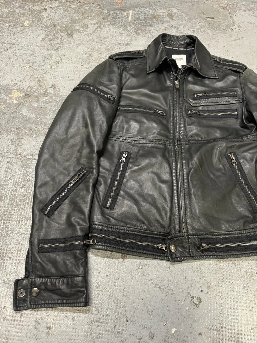 2000s Moschino Multi Zips Circle Black Leather Jacket qDuGfJi 8
