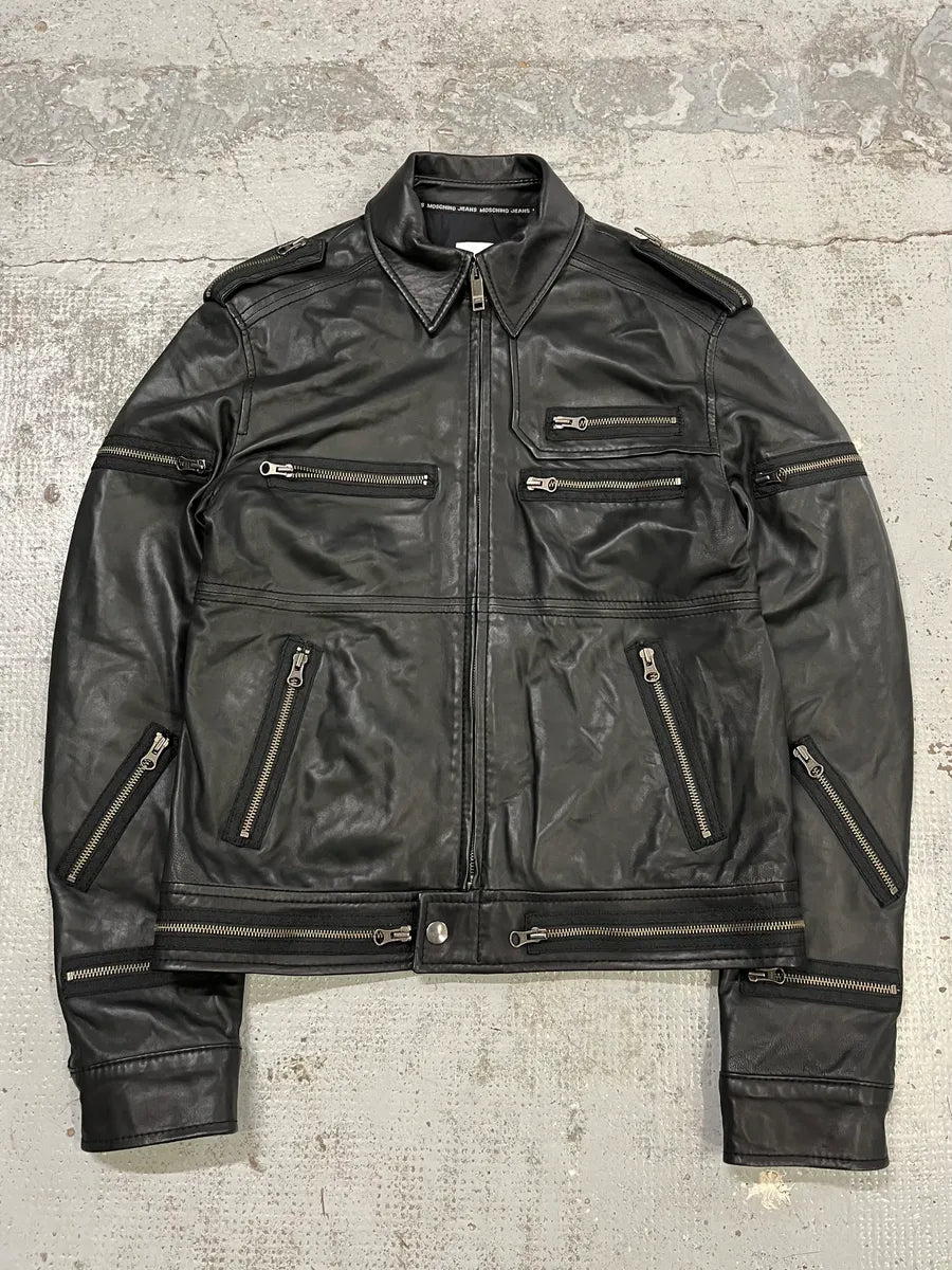 2000s Moschino Multi Zips Circle Black Leather Jacket wSMUSYq 0