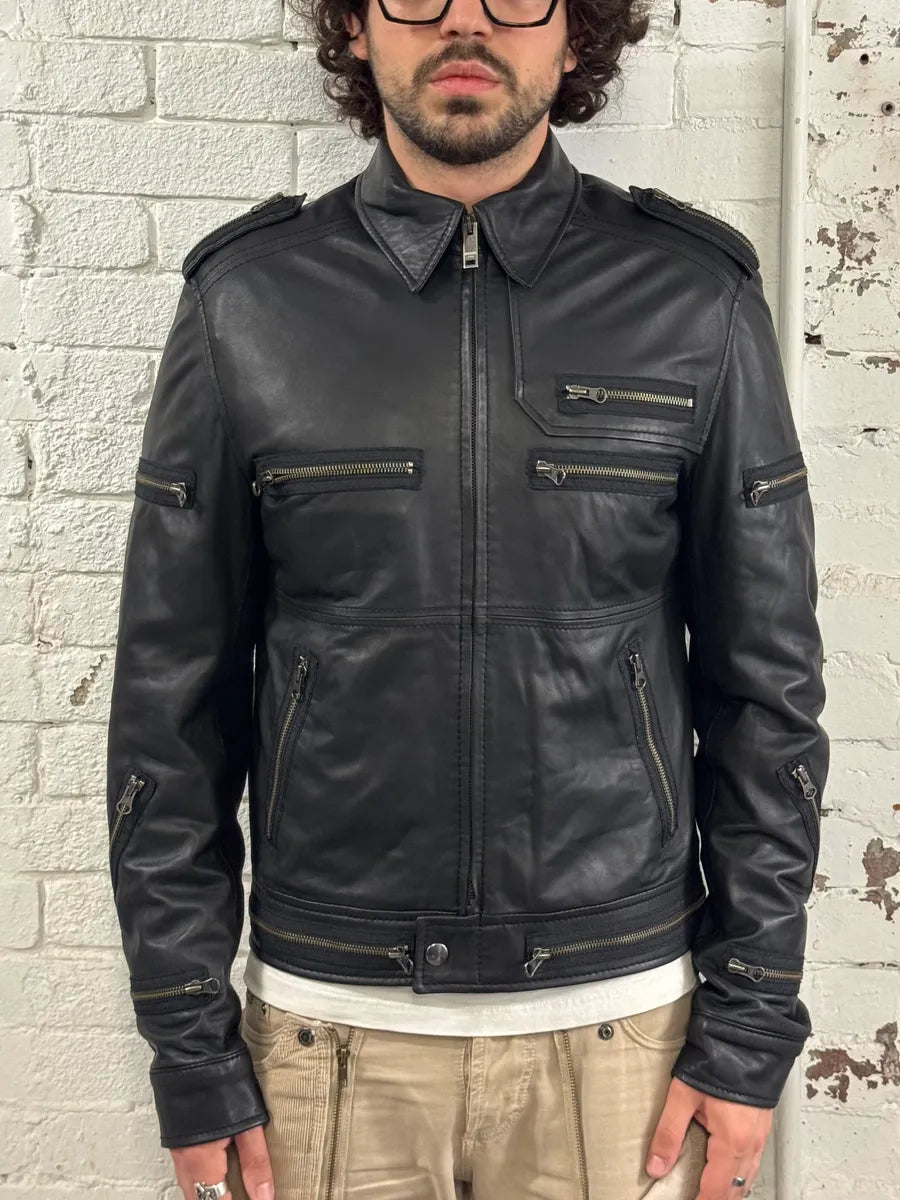 2000s Moschino Multi Zips Circle Black Leather Jacket wSMUSYq 1