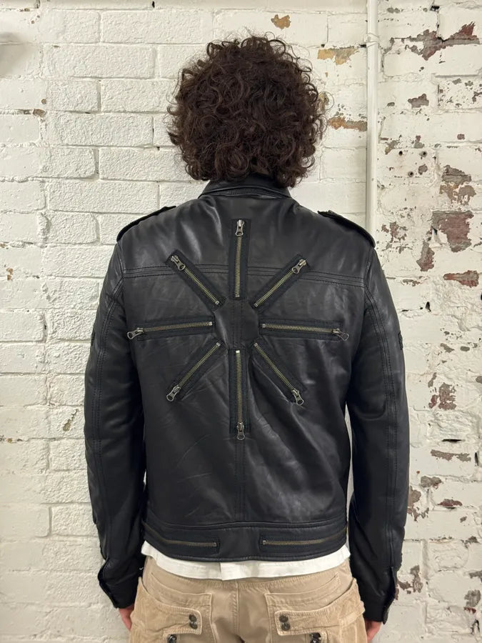2000s Moschino Multi Zips Circle Black Leather Jacket wSMUSYq 2