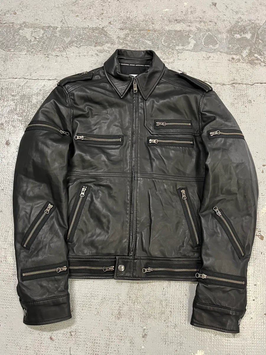 2000s Moschino Multi Zips Circle Black Leather Jacket wSMUSYq 3
