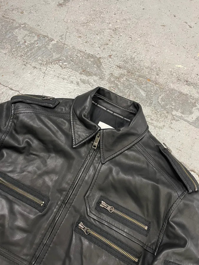 2000s Moschino Multi Zips Circle Black Leather Jacket wSMUSYq 4