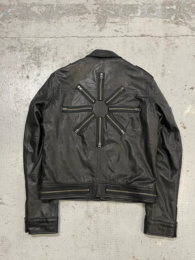 2000s Moschino Multi Zips Circle Black Leather Jacket wSMUSYq 6