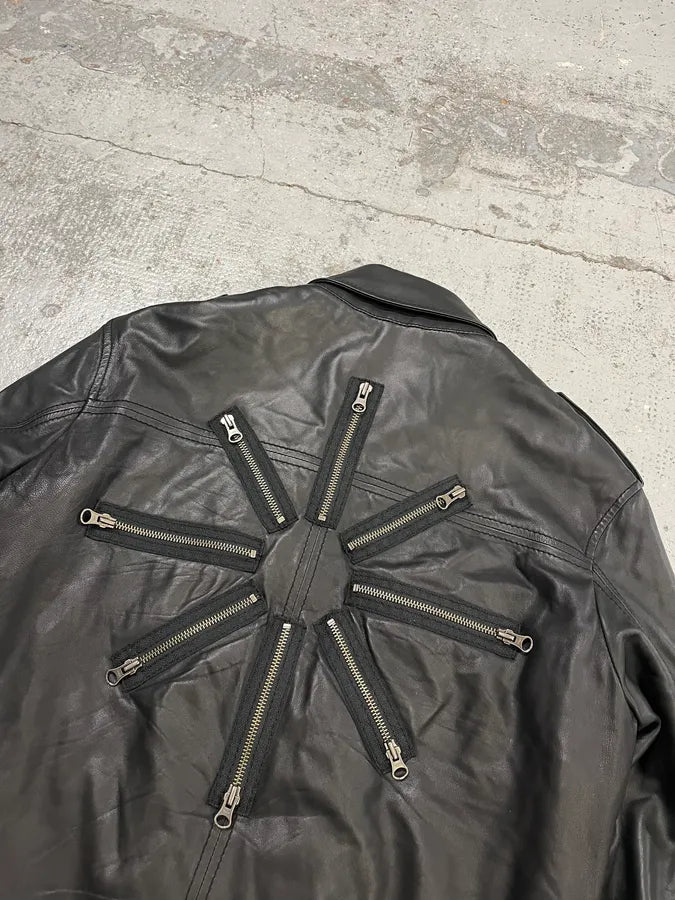2000s Moschino Multi Zips Circle Black Leather Jacket wSMUSYq 7