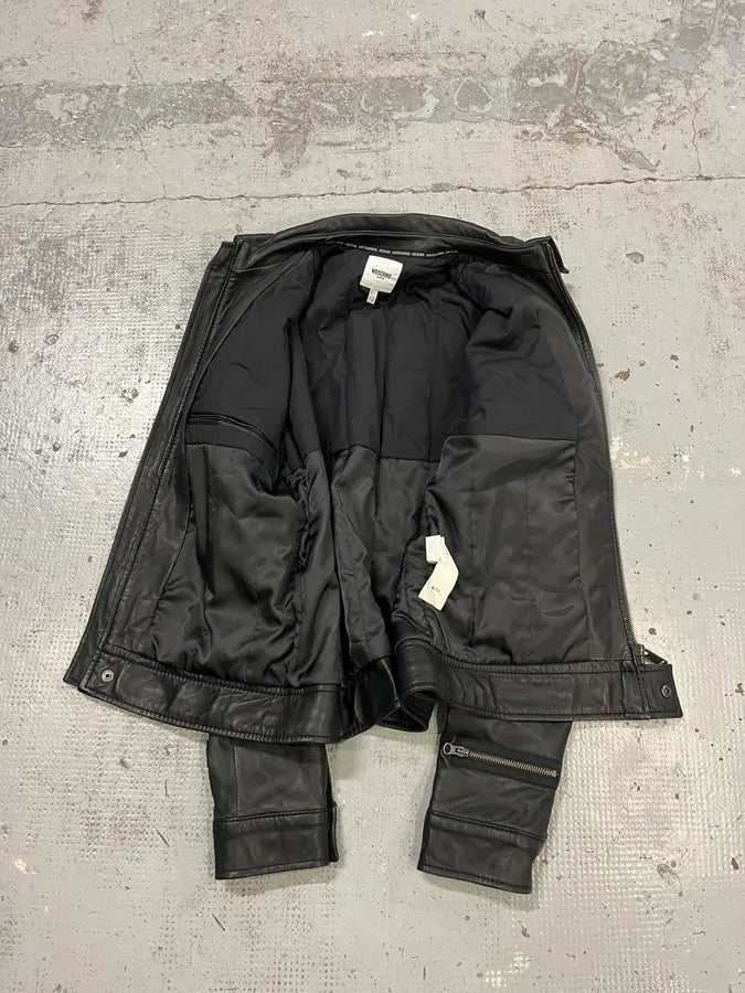 2000s Moschino Multi Zips Circle Black Leather Jacket wSMUSYq 8