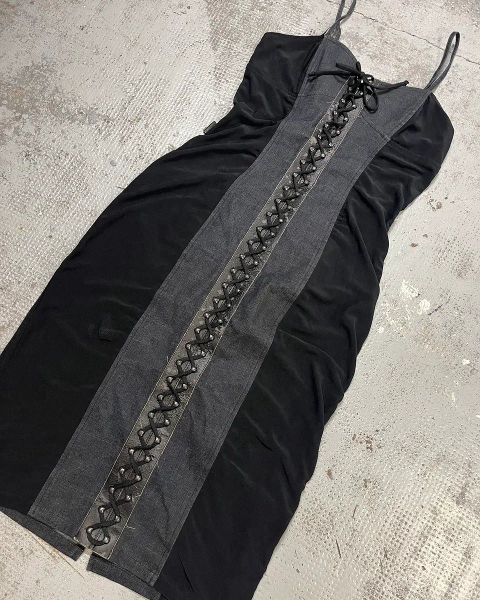 2000s Moschino Navy Denim Corset Black Dress aNFujrP 3