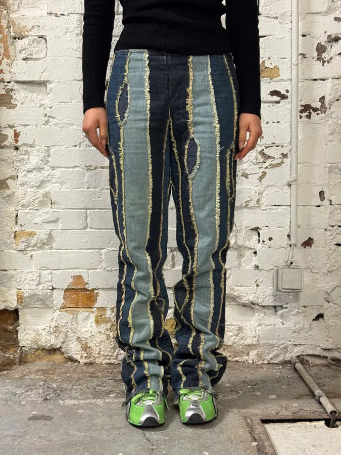 2000s Moschino Patchwork Lines Blue Denim Jeans GDogPSH 1